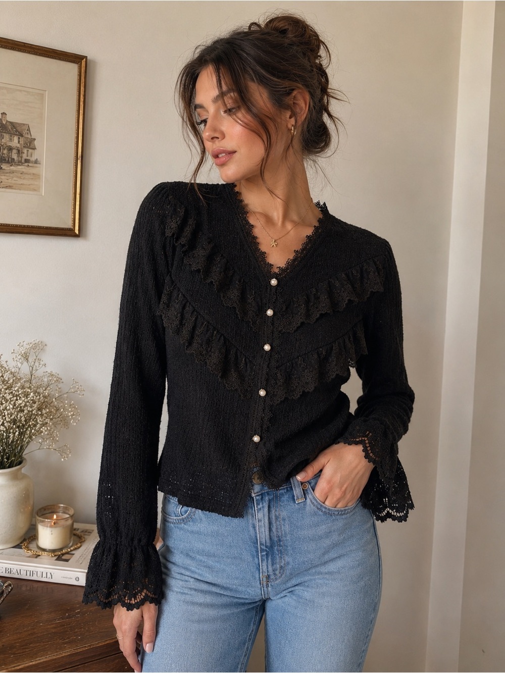 Vintage Black Lace Ruffle Blouse Women’s Medium Pearl Button Cottagecore Top - Picture 1 of 13